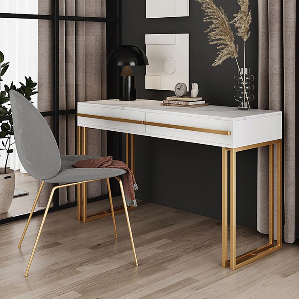 39" Rectangular White Office Desk with Drawers Marble Veneer Top Gold Hardware