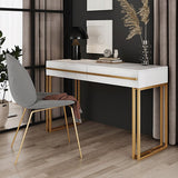 39" Rectangular White Office Desk with Drawers Marble Veneer Top Gold Hardware