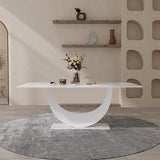71" White Faux Marble Dining Table for 8 Crescent Base Sintered Stone