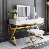 Modern 2-Drawer Wood Makeup Vanity Set with Mirror & Stool X Base Stainless Steel in Gold