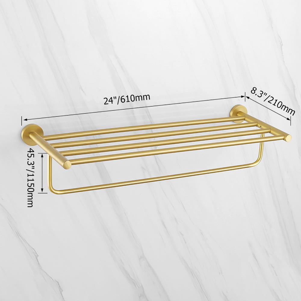 24" Wall Mounted Brass Bathroom Shelf with Towel Rack in Brushed Gold