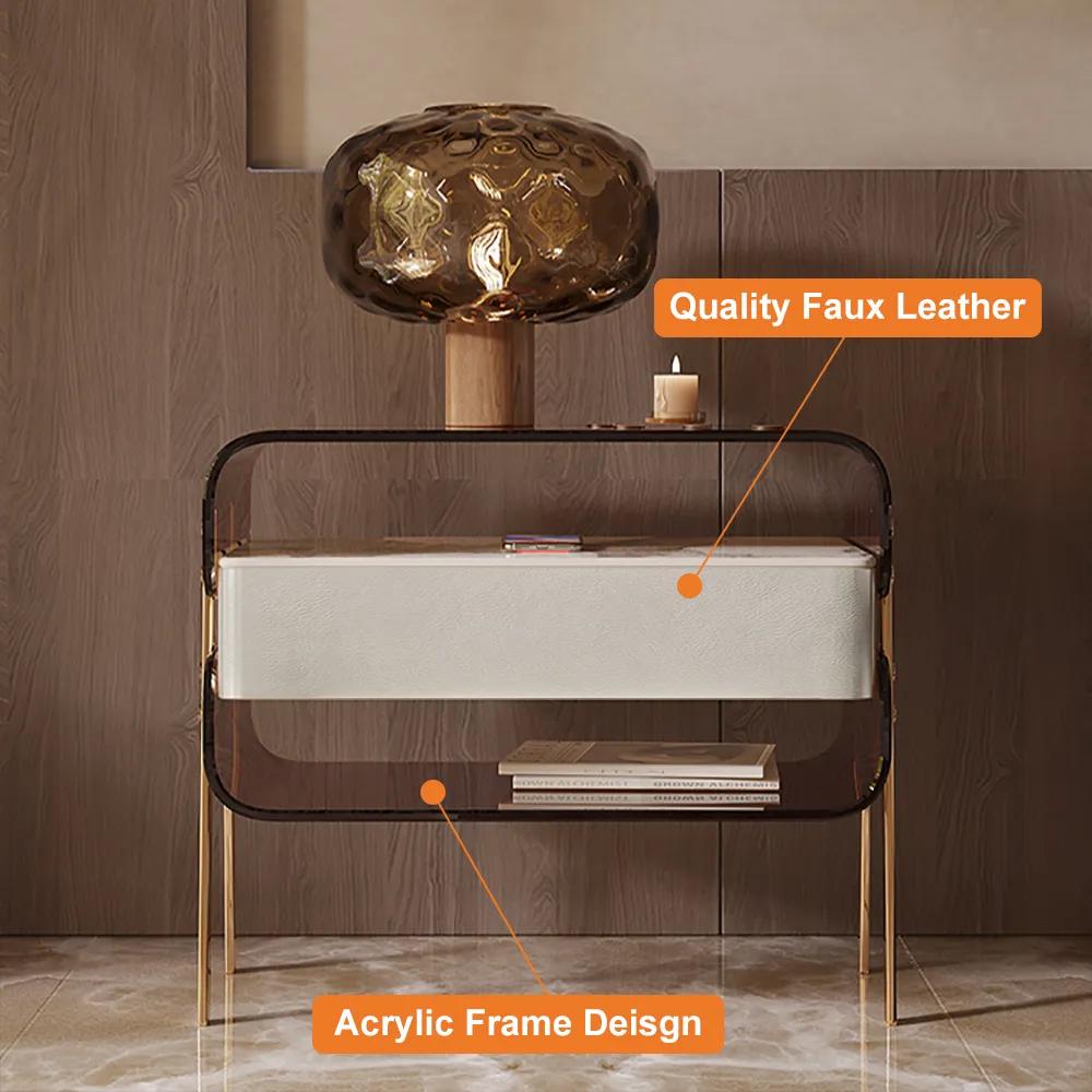 Modern Lighted Brown Nightstand with Wireless Charging Station Acrylic Bedside Table