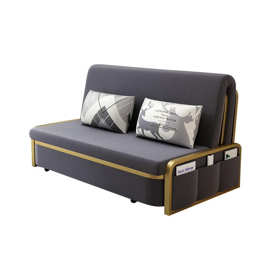 Modern Convertible Sofa Bed with Storage Velvet Upholstery in Beige & Gold