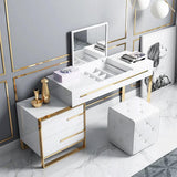 White Makeup Vanity with Flip Top Mirror & Side Cabinet and Drawers Golden Legs