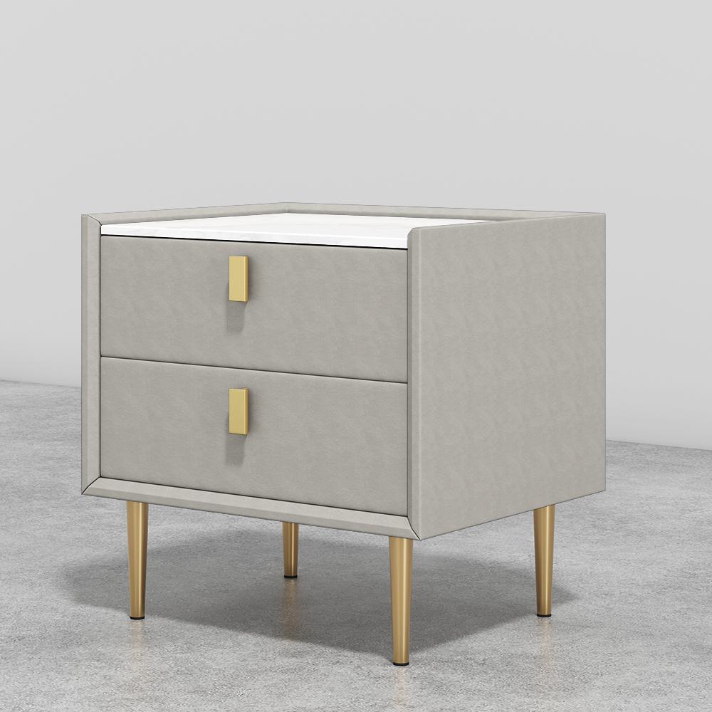 Modern 2 Drawers PU Leather Bedside Table Nightstand with Gold Metal Legs