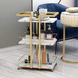 3-Tier Rectangular Rolling Bar Cart with Wheels Gold White Marble Shelves