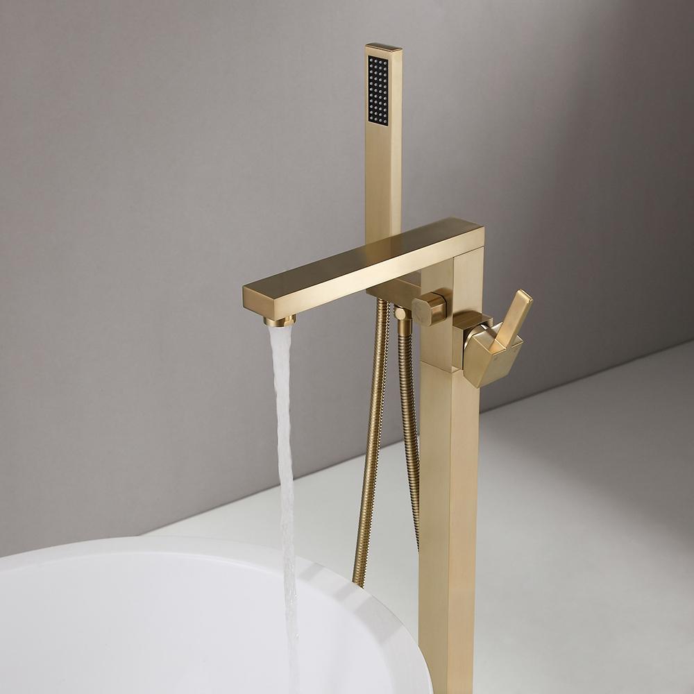 Dree Brushed Gold Freestanding Tub Filler Floor Mount Bathtub Faucet with Hand Shower