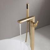 Dree Brushed Gold Freestanding Tub Filler Floor Mount Bathtub Faucet with Hand Shower