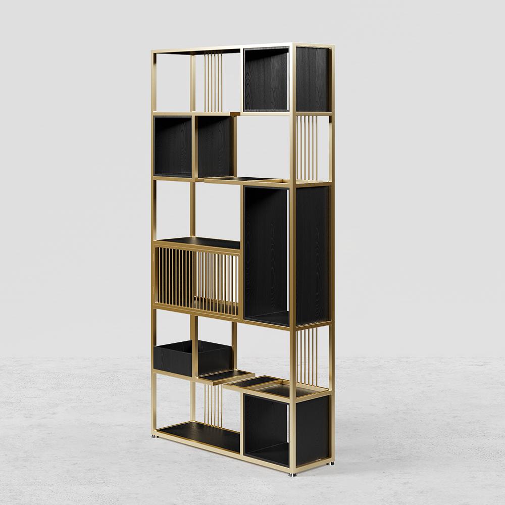 78" Modern Black Steel Geometric Bookcase 6-Tier Bookshelf Wooden Tall Book Shelf