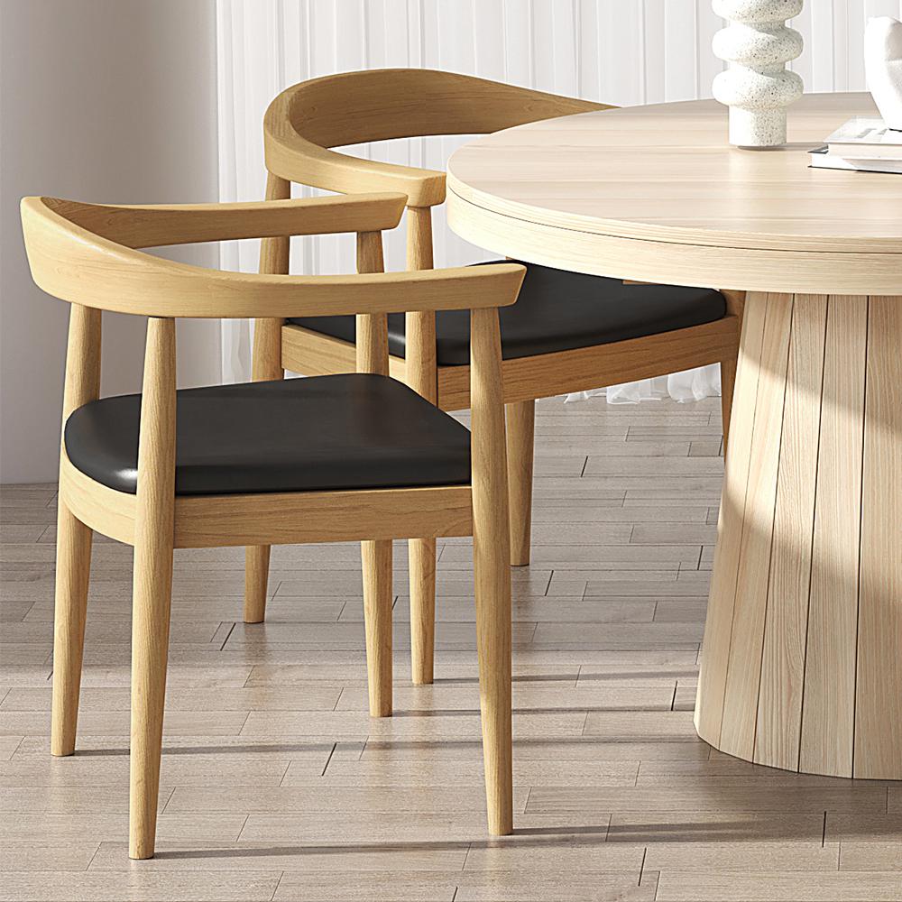 Modern Curved Back Dining Chair Upholstered Leather Walnut Wooden Armchair
