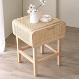 Wooden Walnut Nightstand Rattan Drawer for Bedroom Living Room Storage Bedside Table