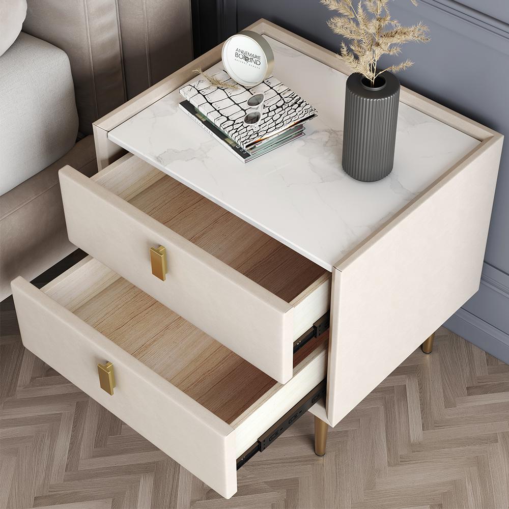 Modern 2 Drawers PU Leather Bedside Table Nightstand with Gold Metal Legs