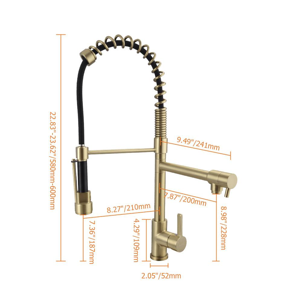 Pull Out Double Spout Kitchen Faucet Brushed Gold Double Function Sprayer Solid Brass