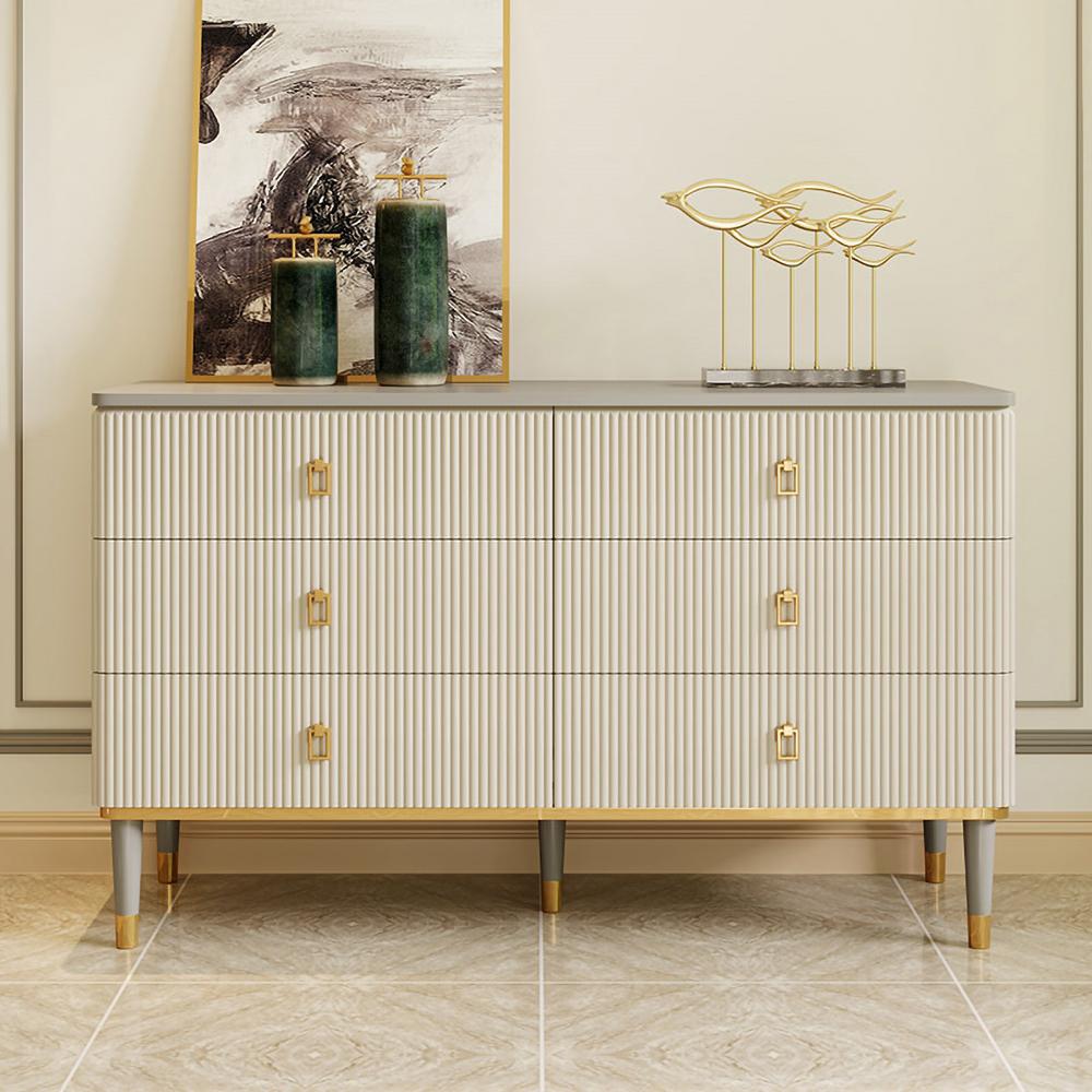 Modern Chest of 6 Drawers Buffet Cabinet with Storage Beige & Gray Sideboard