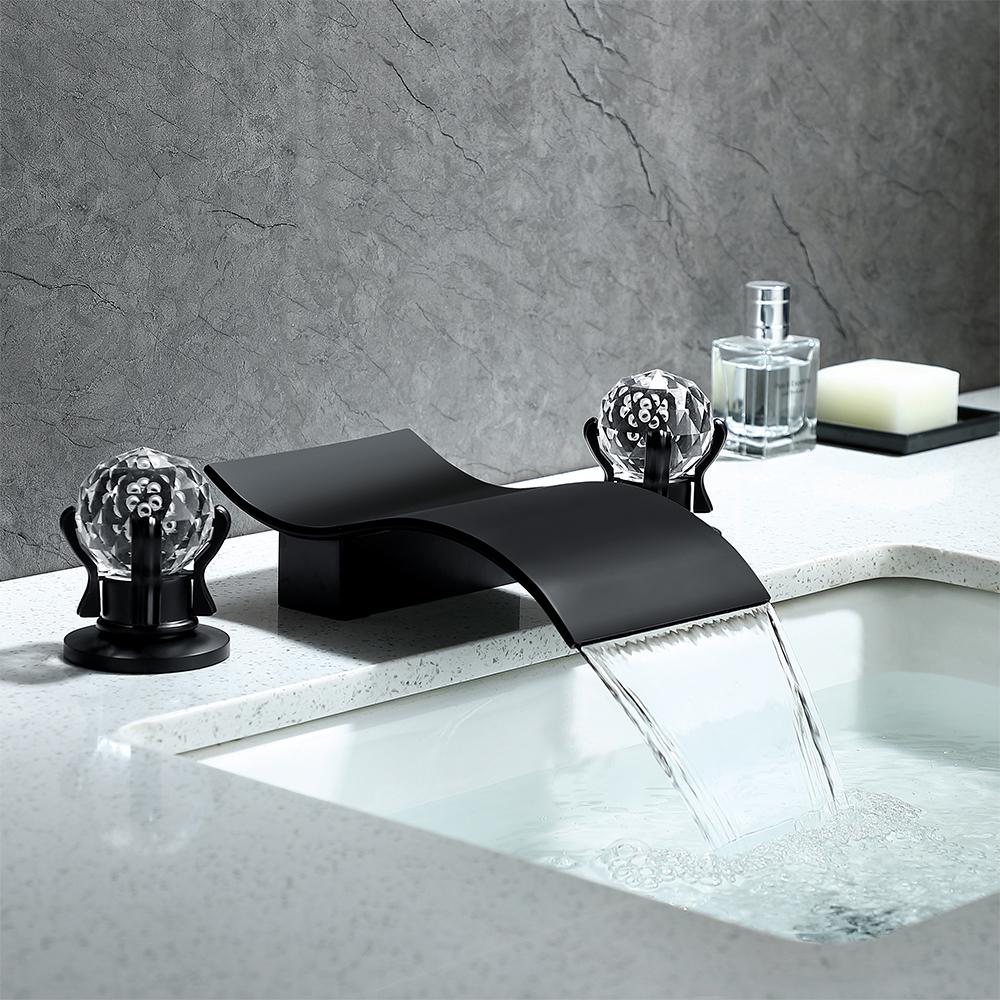 Deck Mount Widespread Waterfall 2 Crystal Handle Bathroom Sink Faucet in Brushed Gold