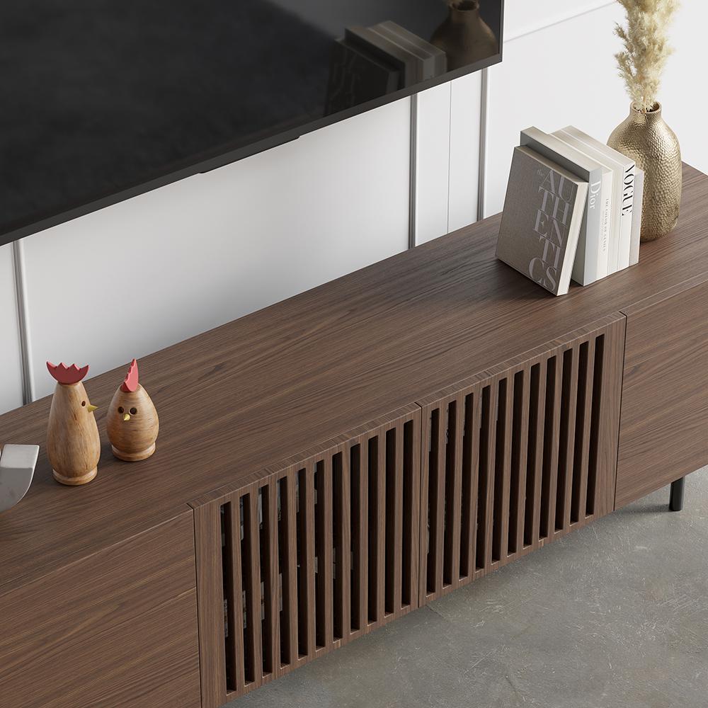 Minimalist Slatted Media Console Wood TV Stand in Walnut with Shelves for TVs Up to 80"