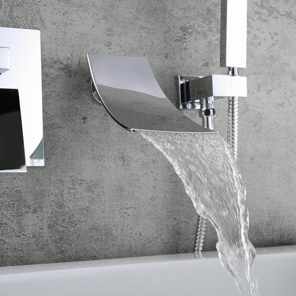 Modern Waterfall Wall-Mount Tub Filler Faucet Single Handle & Handshower in Matte Black