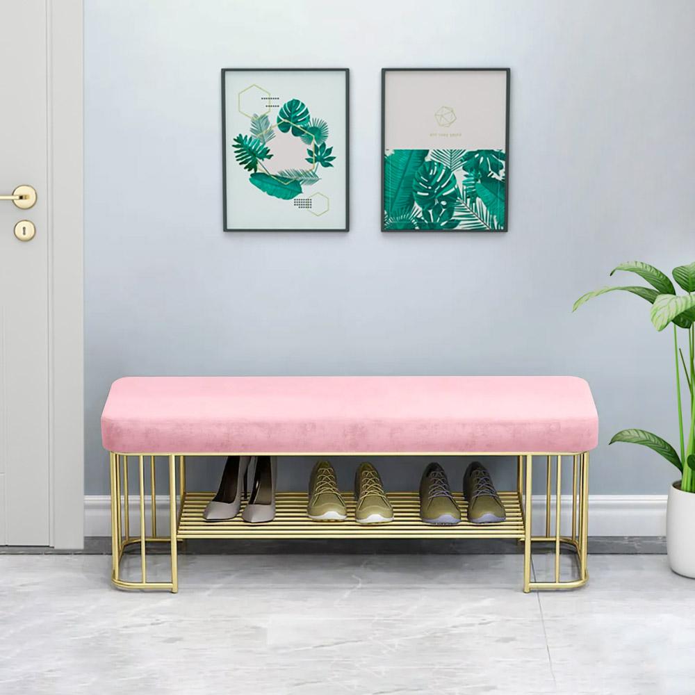 Modern Gray Storage Bench Entryway Bench Velvet Upholstered with Golden Frame & Shelves