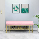 Modern Gray Storage Bench Entryway Bench Velvet Upholstered with Golden Frame & Shelves