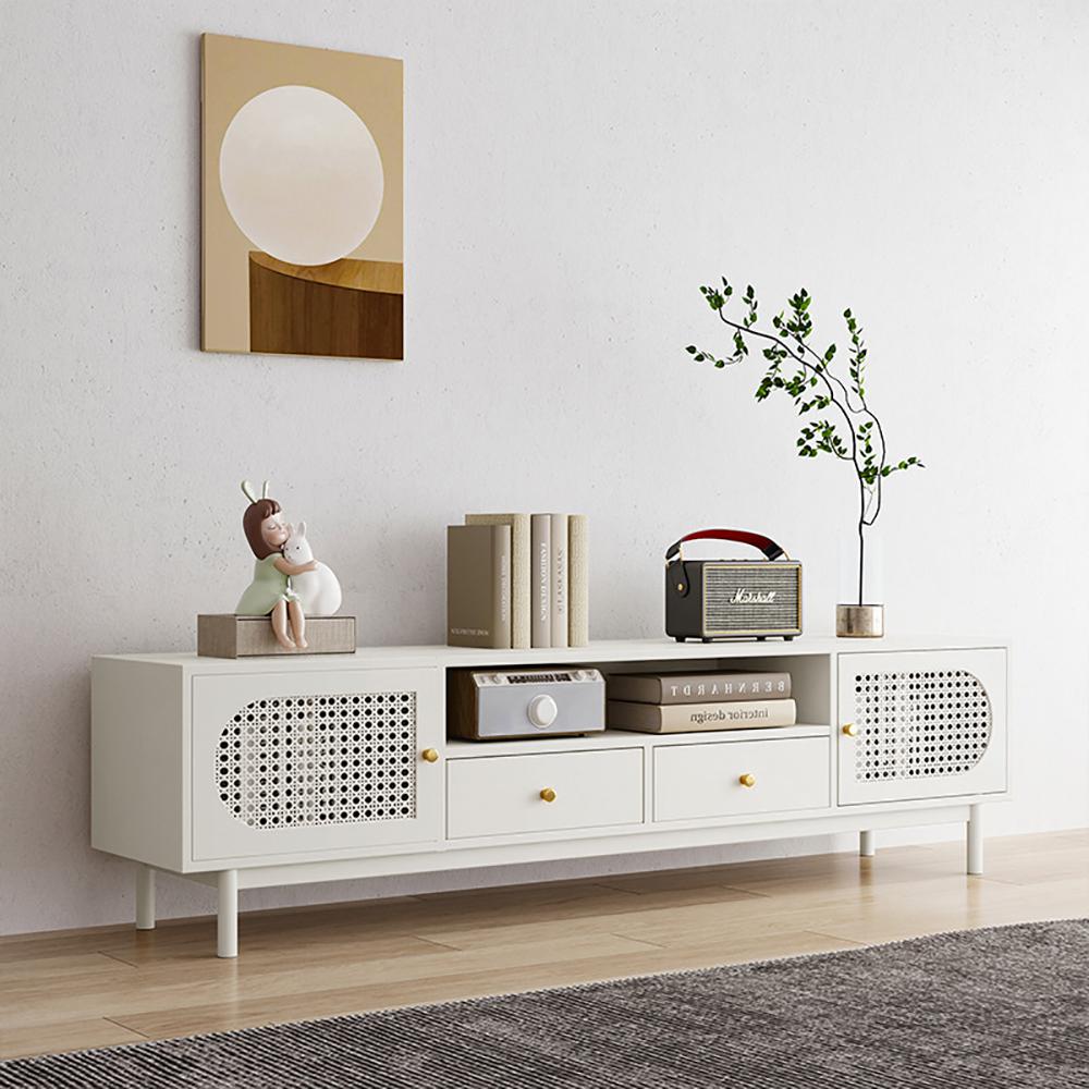 Farmhouse Rattan Wood TV Stand with 2 Drawers & Doors in Off White for TV up to 80"