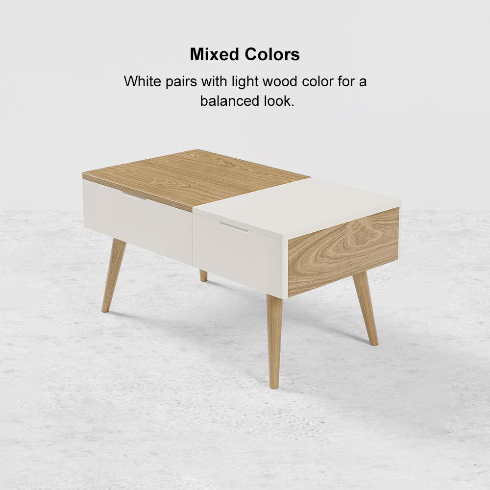 White & Natural Wooden Rectangular Multifunctional Coffee Table with Drawer Lift-Top Storage Table