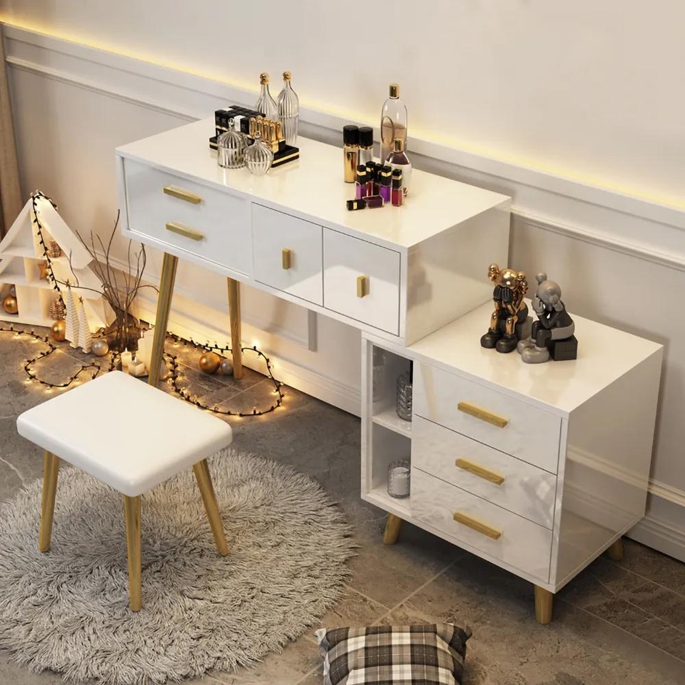 Modern White Makeup Vanity Extendable Dressing Table with Drawers & Flip Top Mirror