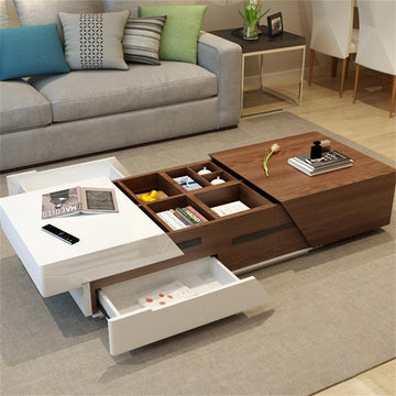 Pinkle 82'' Modern Wood Extendable Sliding Top Coffee Table with Storage in White Walnut