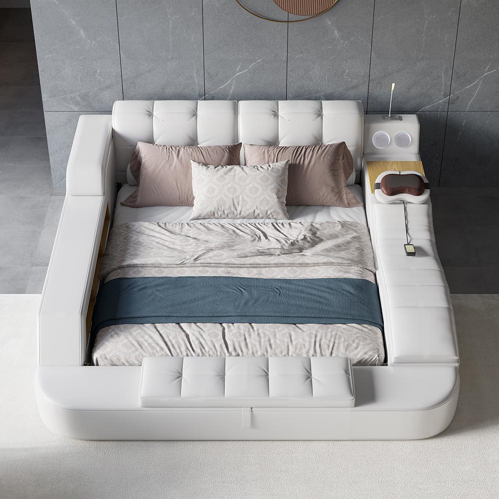 King White Smart Bed Faux Leather Bed with Charger, Massage & Speaker
