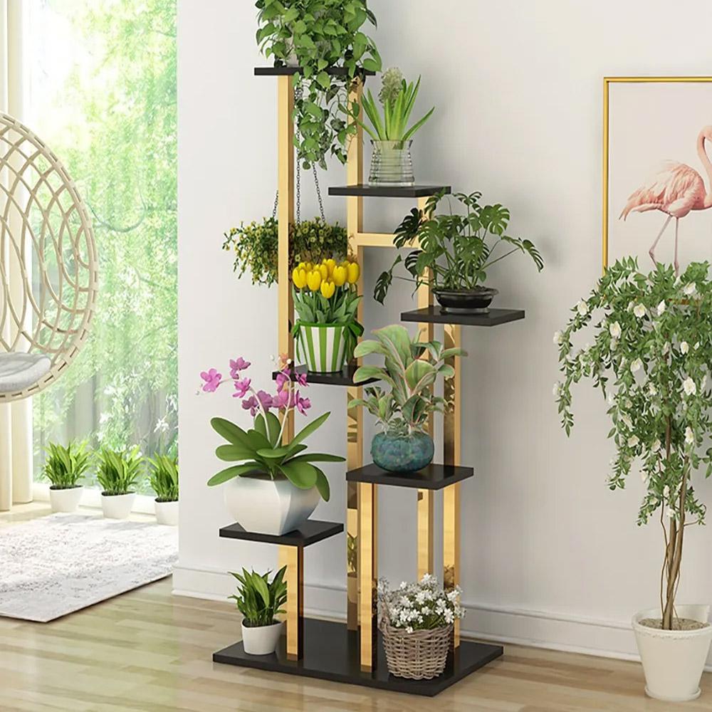 59.1" Modern Ladder 7-Tiered Plant Stand in Gold & White