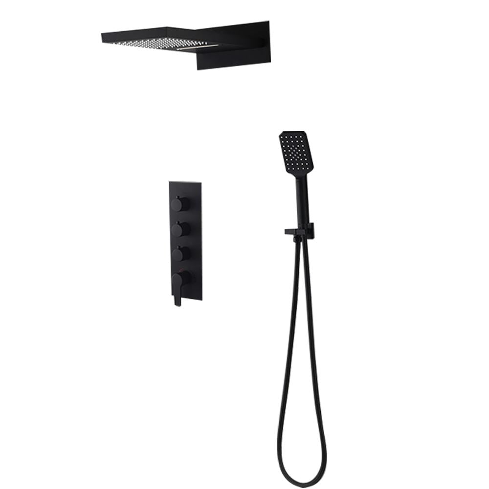 Matte Black Modern Wall Mounted Waterfall Shower System Solid Brass with Handheld Shower