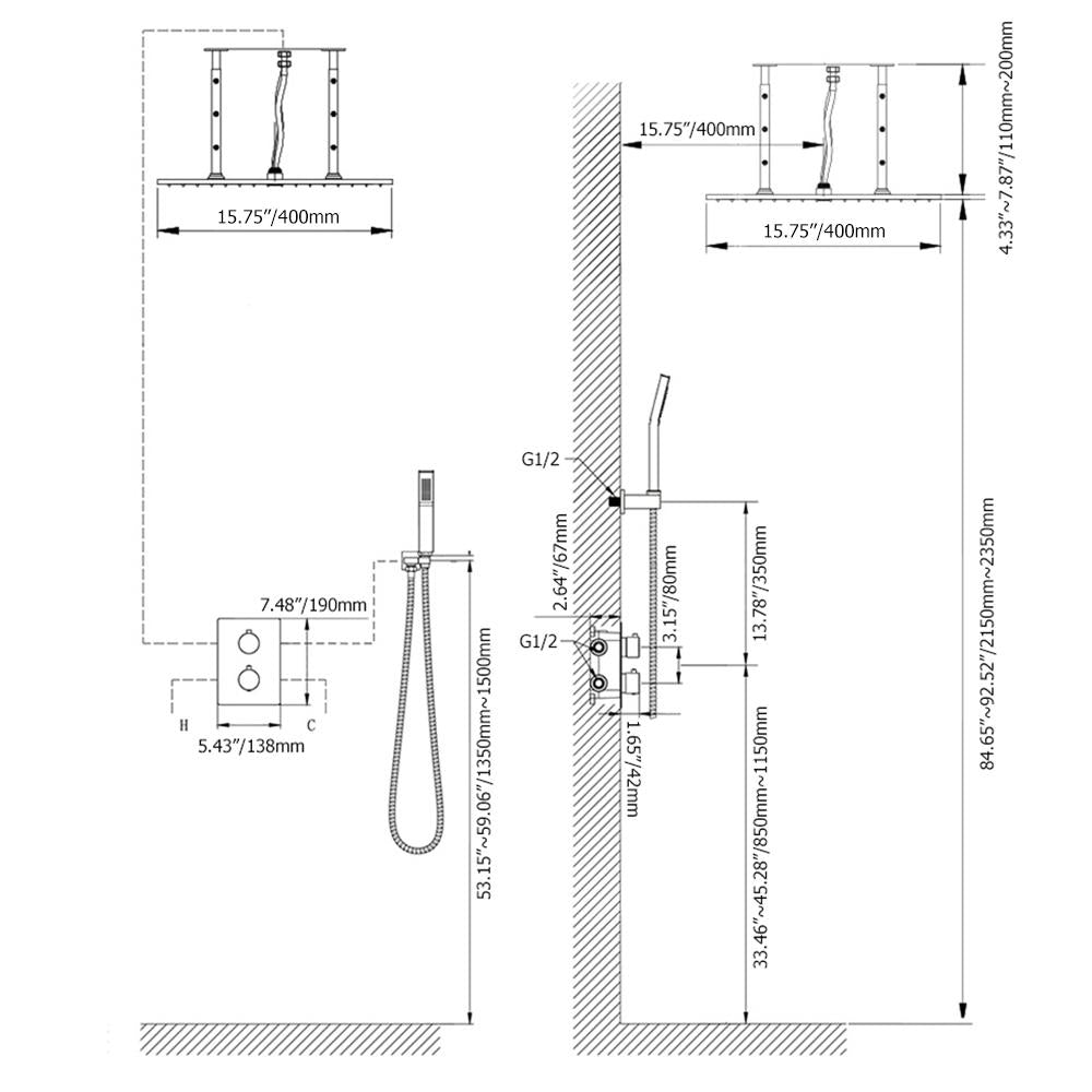 16" Thermostatic Shower System with Handheld Shower in Matte Black Solid Brass