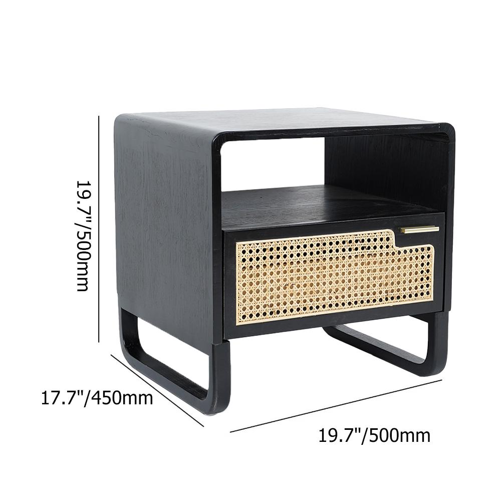 Minimalist Black Nightstand Rattan Woven Bedside Table with 1 Drawer