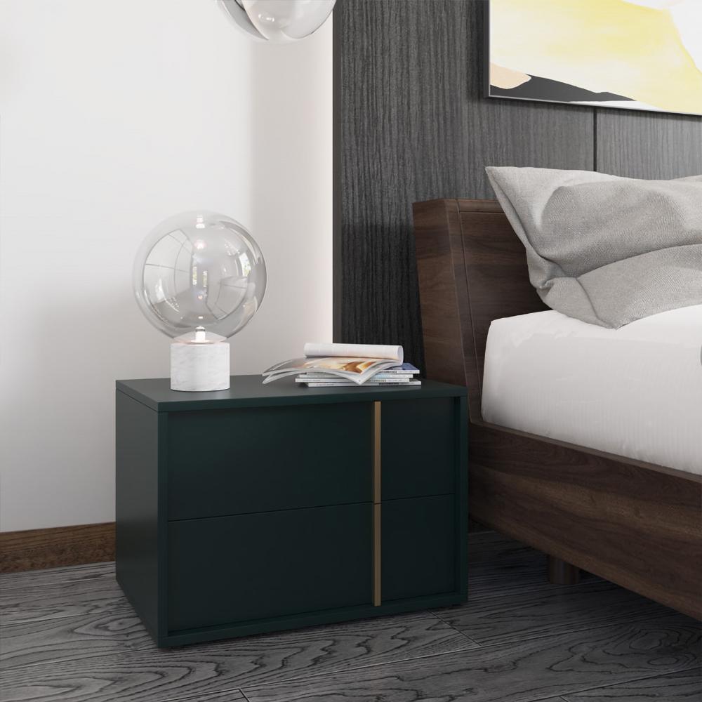 Green Nightstand Manufactured Wood Bedroom Nightstand with 2 Drawers Gold Stripe Pulls