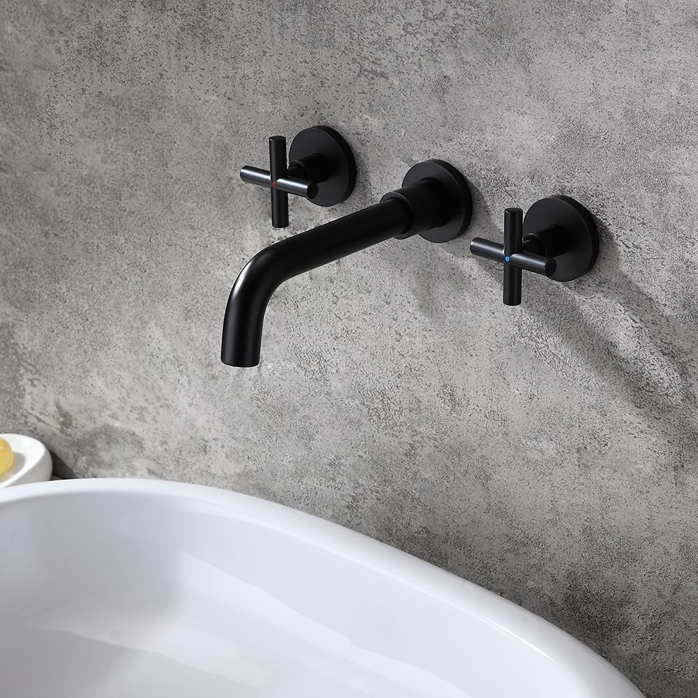 Melro Modern Wall Mounted Cross Handles Brass Bathroom Washing Sink Faucet in Matte Black