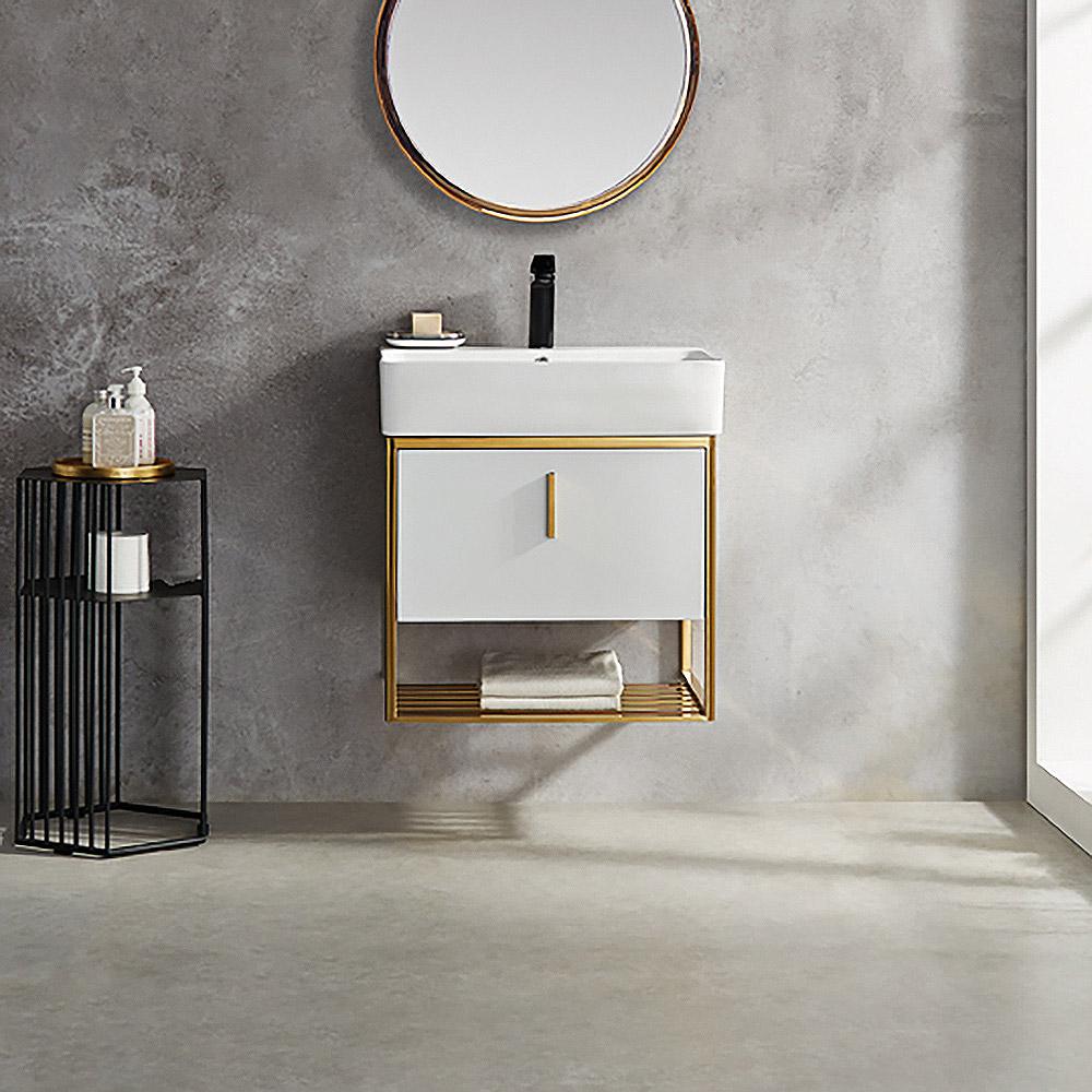 24" Modern White Bathroom Vanity Floating Drawer Shelf Integral Single Ceramic Sink