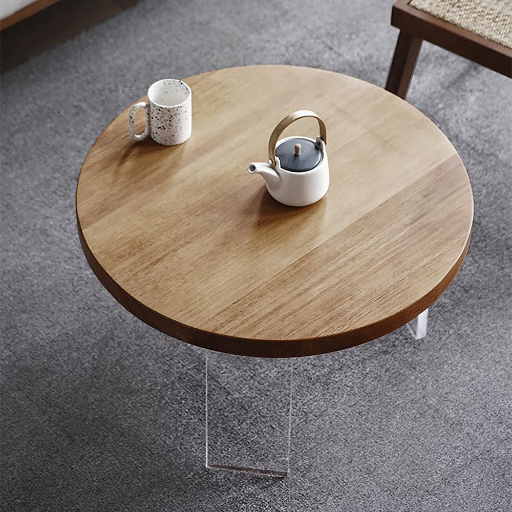 2 Piece Mid Century Modern Pine Wood & Acrylic Round Coffee Table Set in Natural