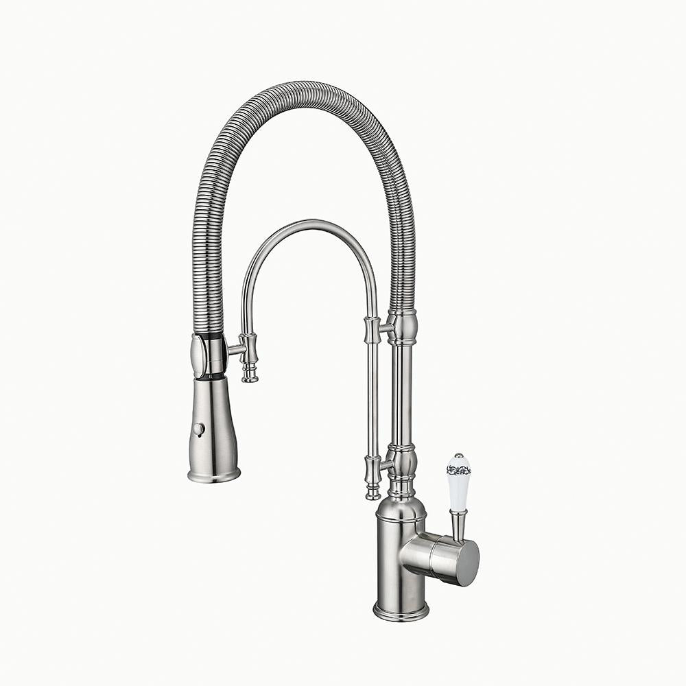 High Arc Dual-Mode Pull-Down Kitchen Faucet Solid Brass with Porcelain Handle