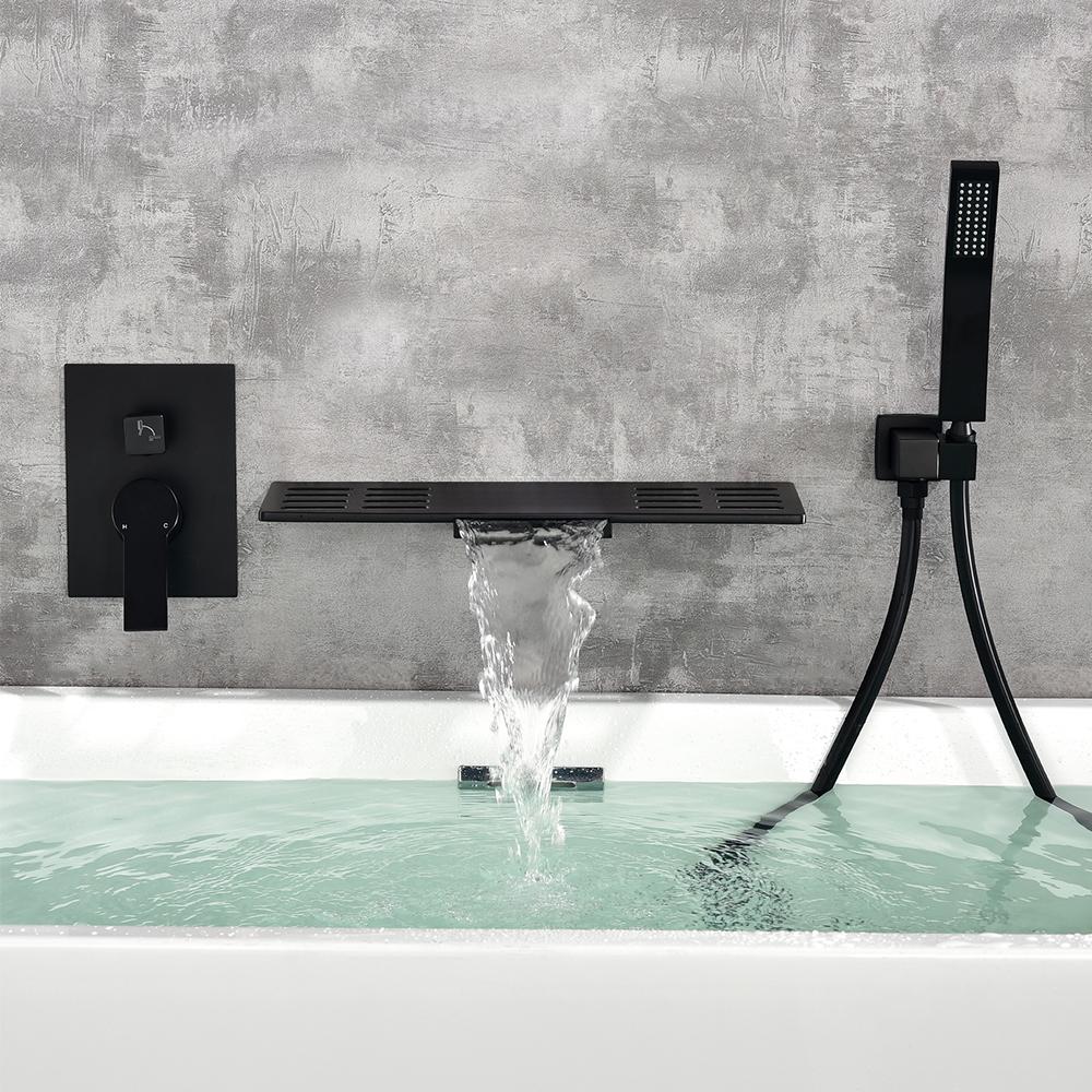 Modern Waterfall Wall Mounted Single Handle Bathtub Faucet With Handshower in Black