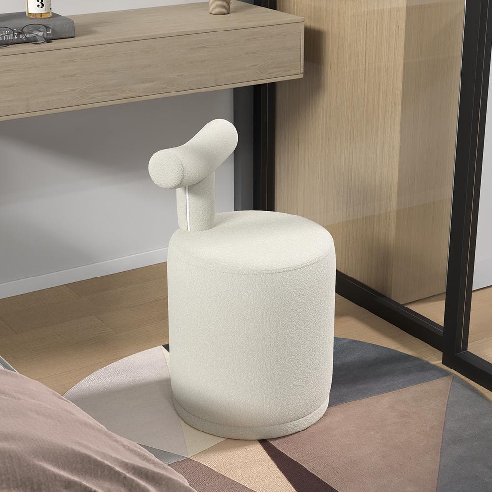 Modern White Boucle Vanity Stool with Round Seat & Back Bedroom Vanity Chair