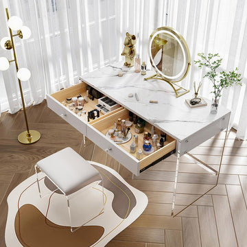Minimalist Acrylic Floating Makeup Vanity Set with LED Lighted Standing Mirror & Stool