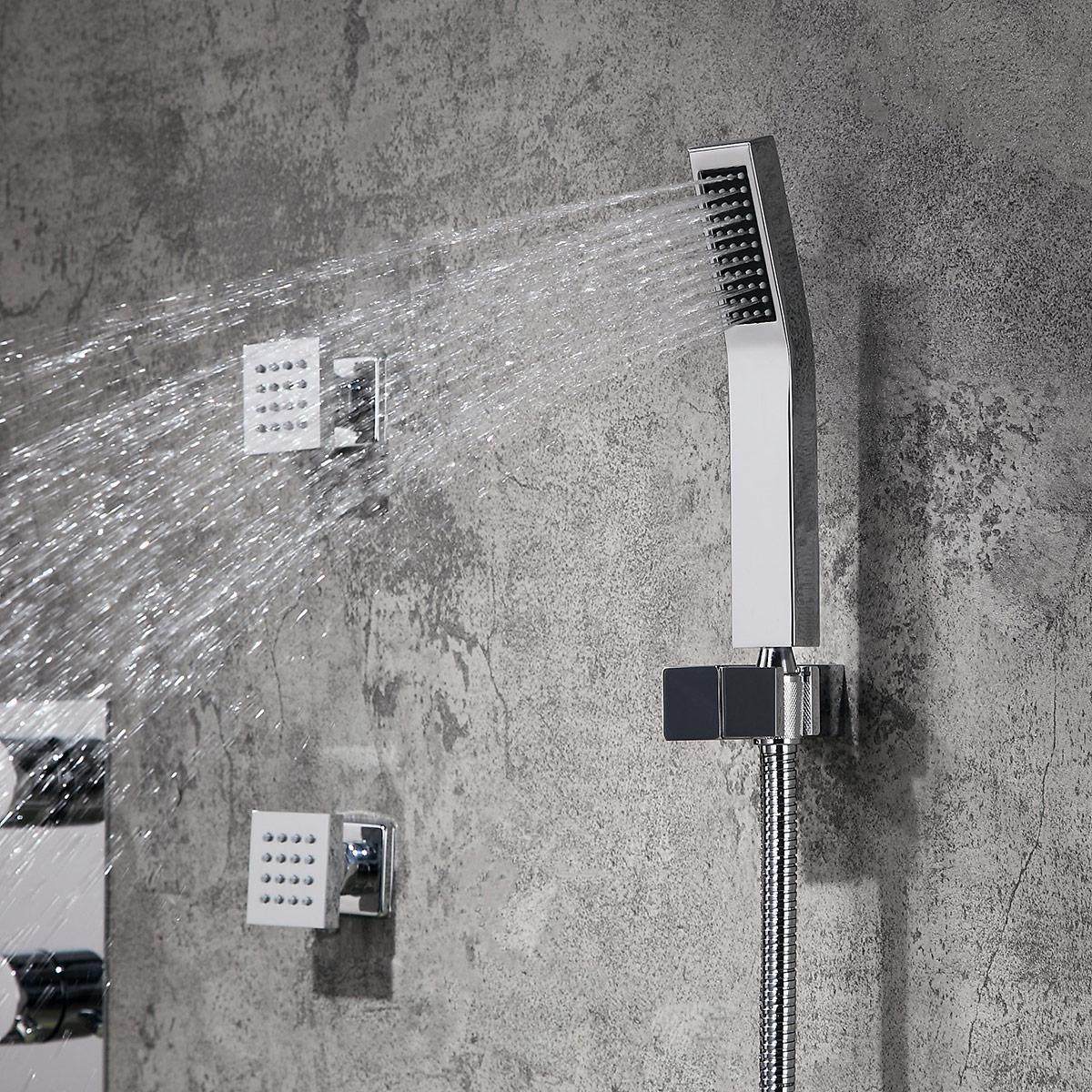Modern Ceiling Mounted LED 12" Rain Shower System with Handheld Shower & 6 Body Sprays