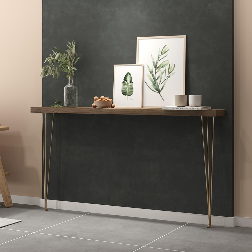 39" Modern Walnut Narrow Rectangular Console Table with Wooden Top Metal Legs