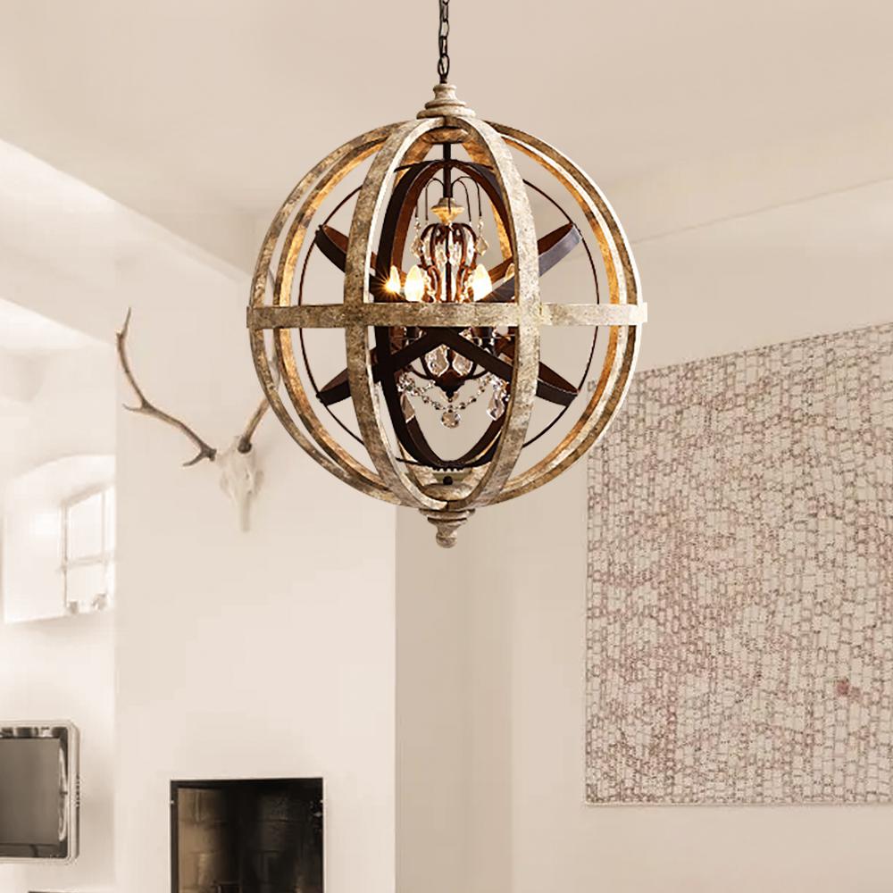 5-Light Retro Globe Weathered Wood Chandelier with Crystal Accents
