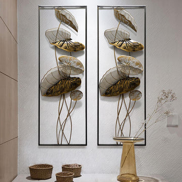 2 Pieces Metal Lotus Leaves Wall Decor with Black Rectangle Frame