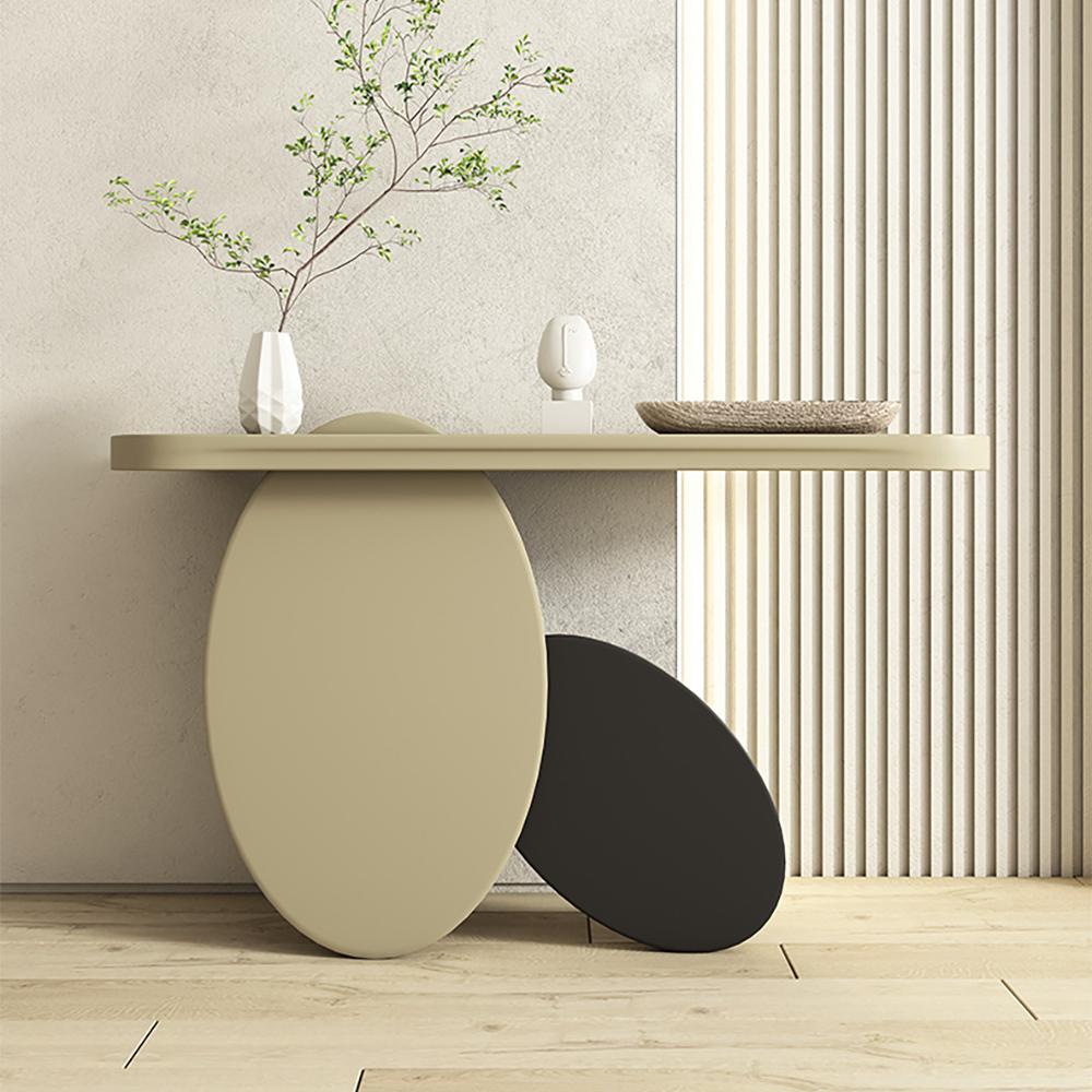 39.4" Modern Console Table Rectangular Wood Entryway Table with Circle Base Light Khaki