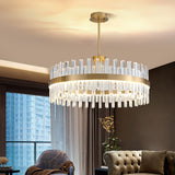 Modern Crystal Stripe Chandelier with Round Frame in Brass