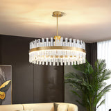 Modern Crystal Stripe Chandelier with Round Frame in Brass