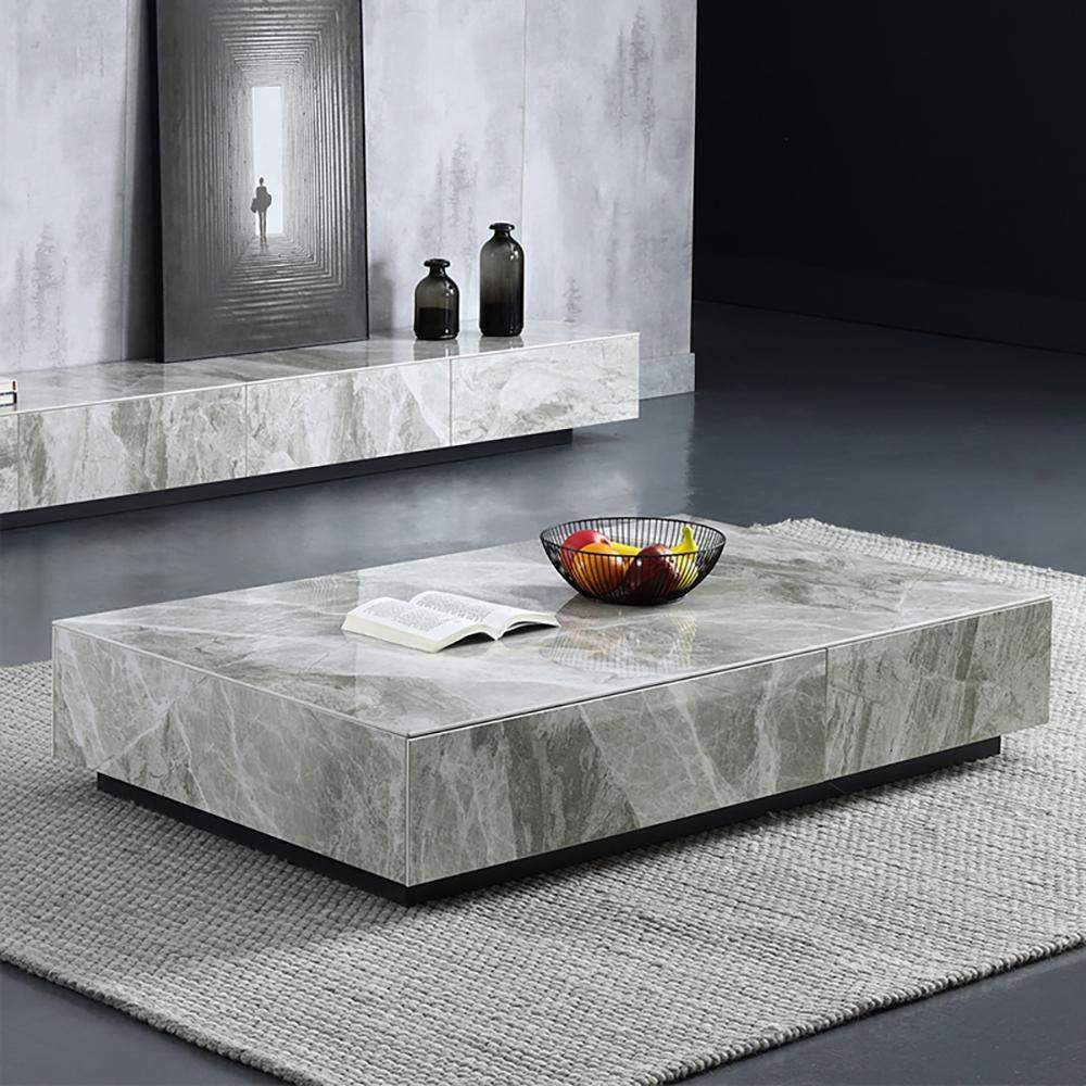 Modern Gray Rectangle Coffe Table with Stone Top & Storage-Coffee Tables,Furniture,Living Room Furniture