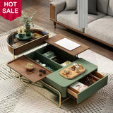 Lift-top Modern Multifunctional Nesting Coffee Table Set with Drawer Storage, Tempered Glass Top Side Table