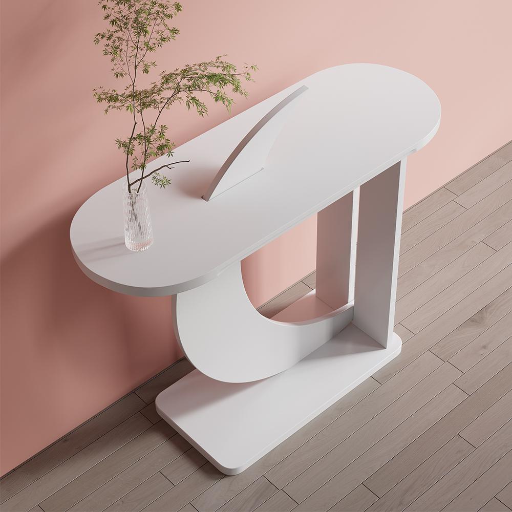 39.4" White Moon Shape Console Table Rectangular Wood Entryway Table with Abstract Base